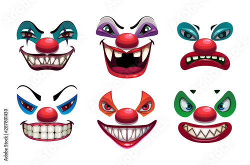 Creepy clown faces. Isolated on white. Scary vector.