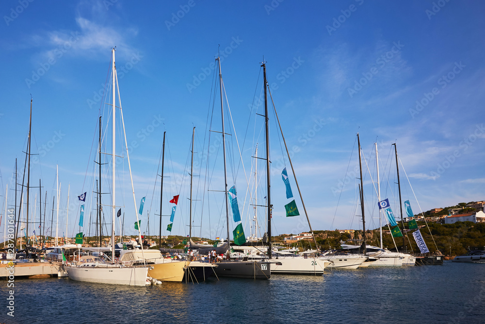 Porto Cervo, Italy - September 1, 2019. Participants in the Maxi Yacht ,  Cup boat race in port