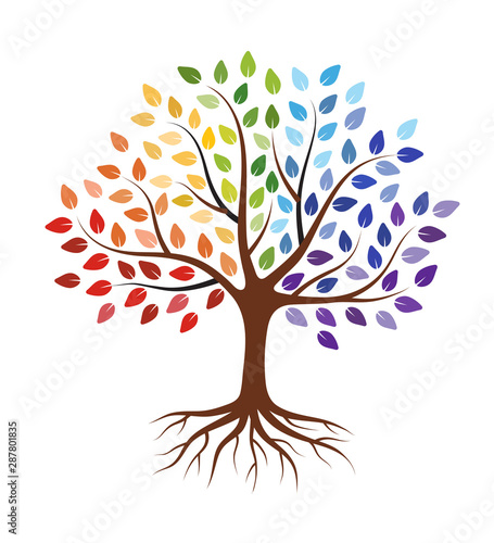 Abstract tree with roots and colorful leaves. Isolated on white background. Flat style, vector illustration.