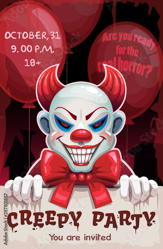 Scary angry evil clown with paper banner in the hand.