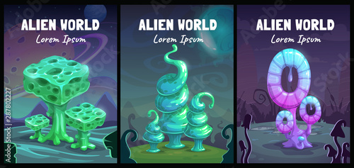 Fantastic backgrounds collection. Fantasy cartoon alien world landscape with shiny plants