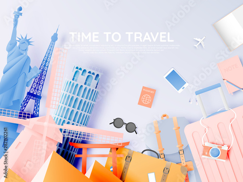 Various travel attractions in paper art style