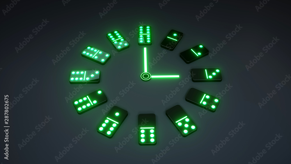 Dominoes Gambling Clock Concept With Neon Green Lights Isolated On The Black Background - 3D Illustration