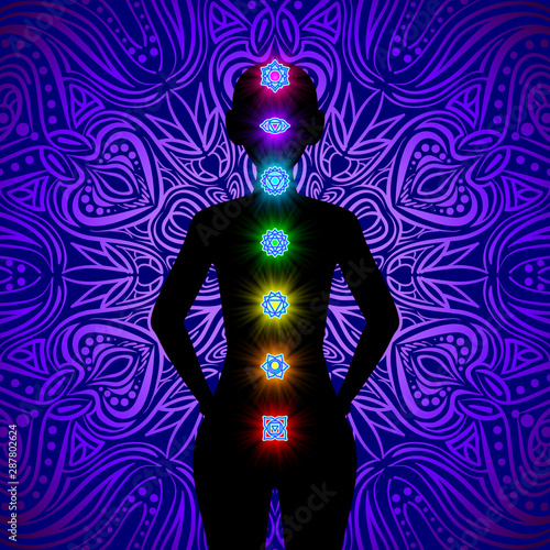 Seven chakras points, energy body. Yoga meditation. Location of different Chakras in the body. Root, Navel, Solar plexus, Heart, Throat, Third eye, Crown. Basic human chakra system