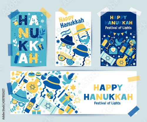 Set of colors four Hanukkah greeting cards with candles, dreidel, Jewish star, oil, menorah, donut, cupcake, confetti, letters. Layout for Festival of Lights invitation, Jewish greeting cards.