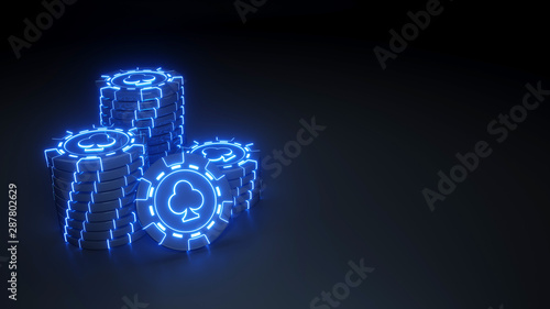 Casino chip stacks clubs Concept with glowing neon blue lights on the black background - 3D Illustration  photo