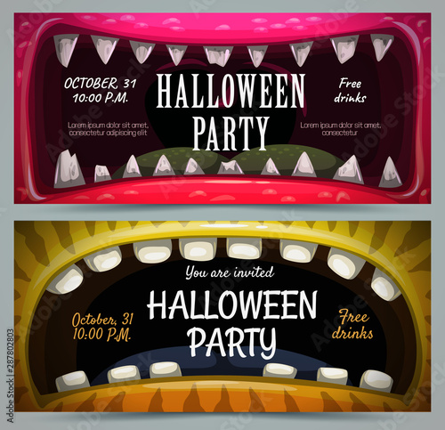 Creepy Halloween party banners. Scary jaws background.