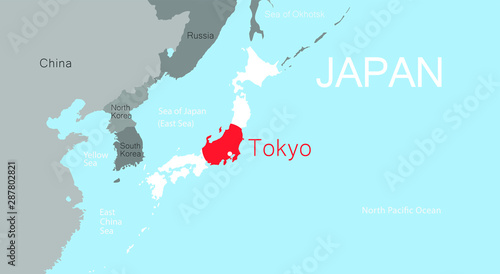 High detailed vector of Japan with the capital of Tokyo on the Asian region map.