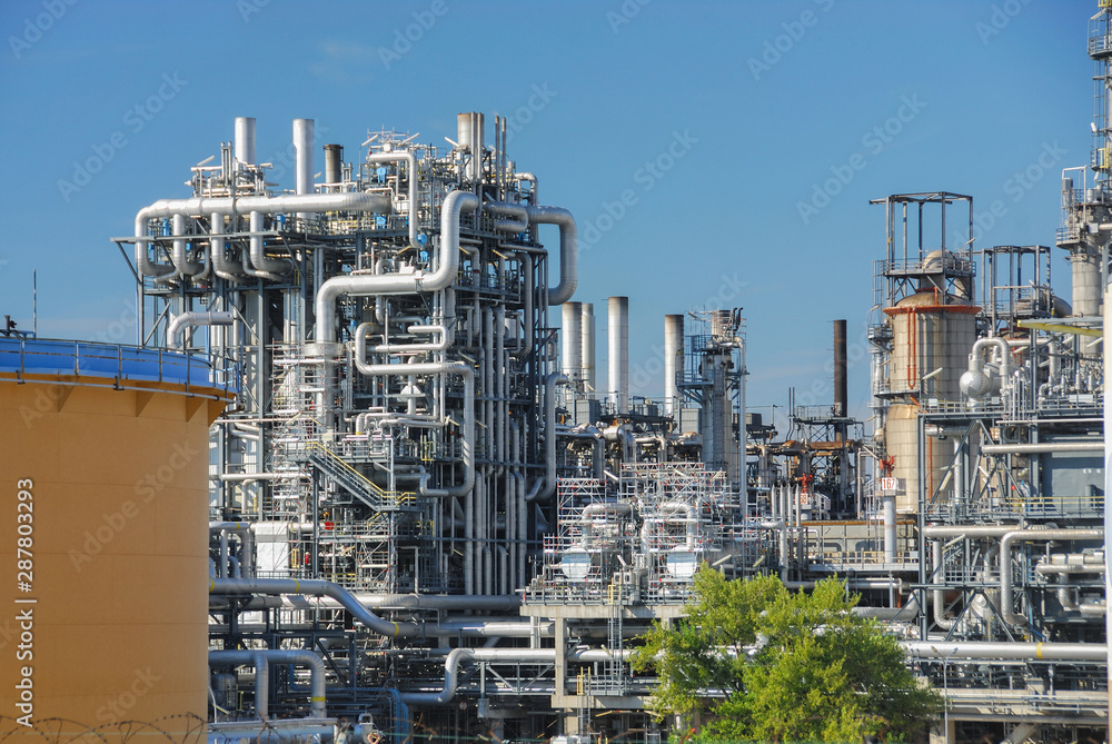 Pipelines, tanks and cooling towers of an oil refinery