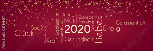 2020 Wort-Wolke - goldene Konfetti auf rotem Hintergrund
