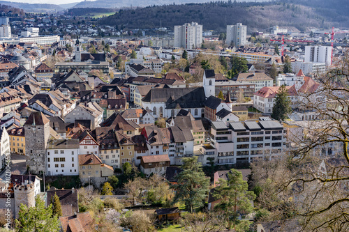 City view over black tower and the picturesque old town of Brugg. Aerial panoramic view. photo