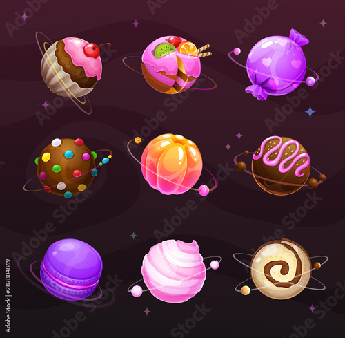 Beautiful sweet round planets. Candy world elements.
