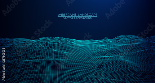 Abstract digital landscape with particles dots and stars on horizon. Wireframe landscape background. Big Data. 3d futuristic vector illustration. 80s Retro Sci-Fi Background