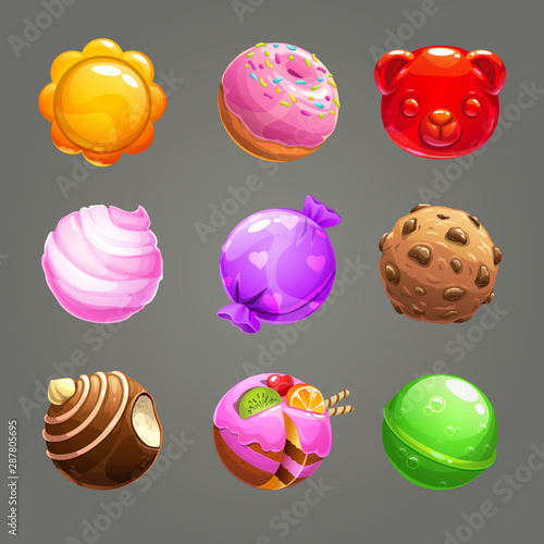 Candy balls set. Round sweet assets for game design.
