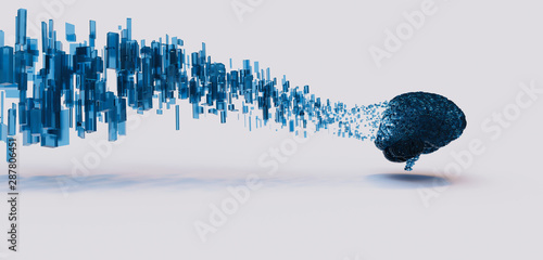 3d render of blue digital brain disolving to floating data cubes, panoramic, minimal concept.