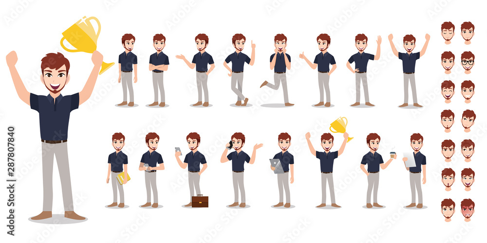 Businessman cartoon character set. Handsome business man working in office and presentation in various action . Vector illustration - obrazy, fototapety, plakaty 