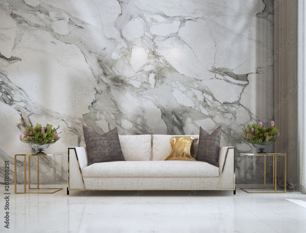 Modern luxury living roon interor design and marble wall background / 3D rendering - obrazy, fototapety, plakaty 