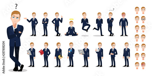 Businessman cartoon character set. Handsome business man in office style smart suit . Vector illustration