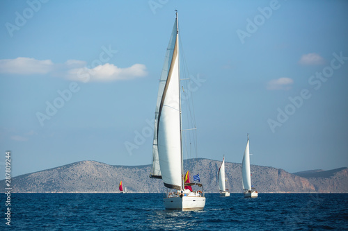 Sailing yacht boats at the Aegean Sea in Greece.
