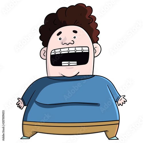 funny cartoon illustration of a fat boy with braces and brown curly hair.  blue sweater, brewing pants, laughing. Stock Vector | Adobe Stock