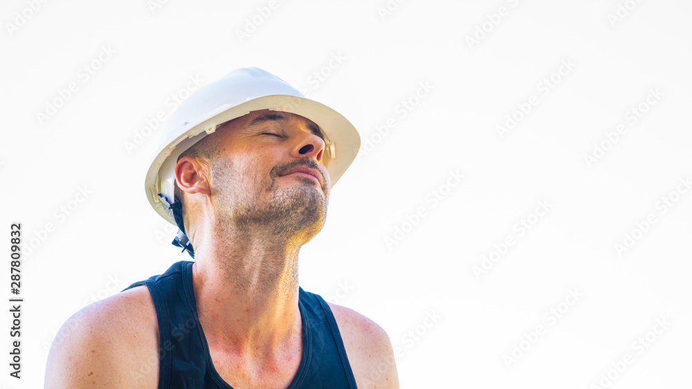 caucasian man with tank top and helmet with happiness expression caucasian man with tank top and helmet with happiness expression