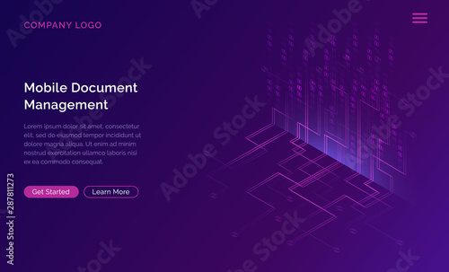 Big data waterfall or cascade, digital binary code data flow analysis visualization, isometric vector illustration. Ultraviolet horizontal banner with streams of numbers, landing page template.