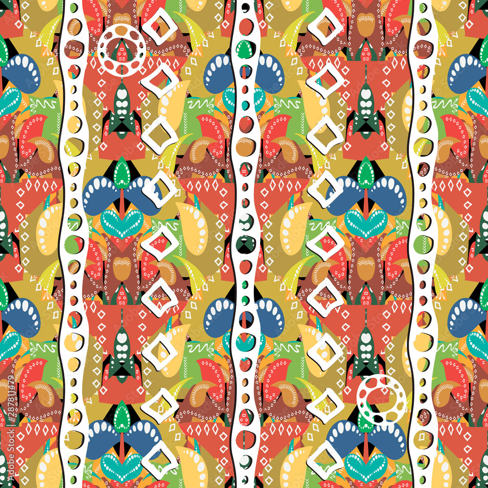 Ethnic Boho colorful vector seamless pattern. Bohemian ornamental geometric background. Tribal abstract repeat backdrop. Bright floral ornament with paisley flowers, borders, shapes, zigzag, circles.
