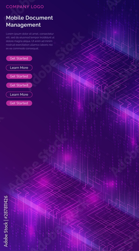 Big data waterfall or cascade, digital binary code data flow analysis visualization, isometric vector illustration. Ultraviolet vertical banner with streams of numbers, landing page template.