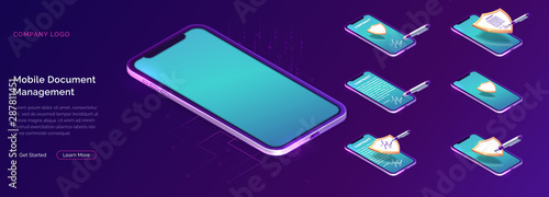 Mobile document manager business concept vector isometric illustration Online signing of contract on digital smartphone or tablet screen, shield and stylus pen, purple landing web page for application