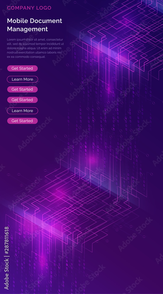 Obraz premium Big data waterfall or cascade, digital binary code data flow analysis visualization, isometric vector illustration. Ultraviolet vertical banner with streams of numbers, landing page template.