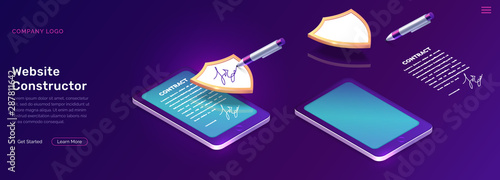 Mobile document manager business concept vector isometric illustration Online signing of contract on digital smartphone or tablet screen, shield and stylus pen, purple landing web page for application