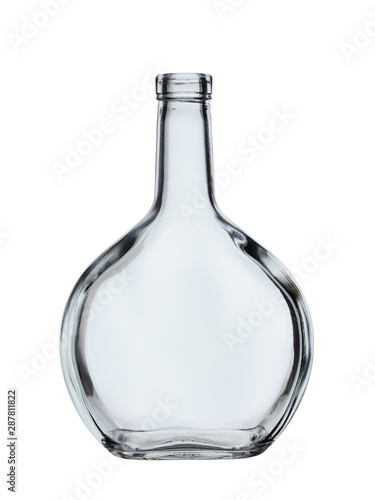 Empty open glass bottle for cognac or brandy, on white background