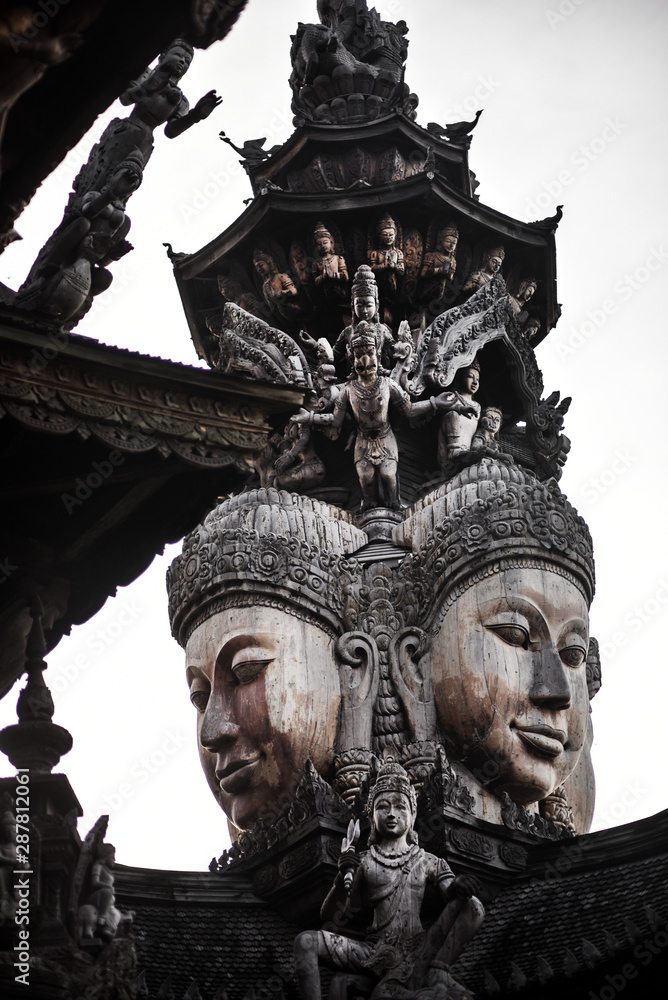 god goddess wood sculpture statue, exterior architecture, Sanctuary of Truth, Thailand god goddess wood sculpture statue, exterior architecture, Sanctuary of Truth, Thailand