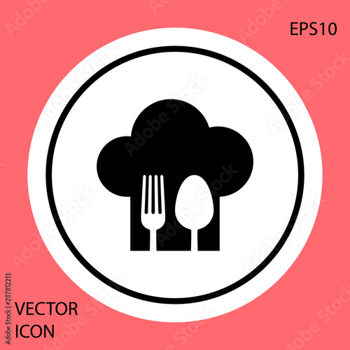 Black Chef hat with fork and spoon icon isolated on red background. Cooking symbol. Restaurant menu. Cooks hat. White circle button. Vector Illustration