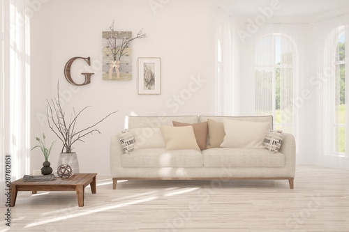 Stylish room in white color with sofa. Scandinavian interior design. 3D illustration