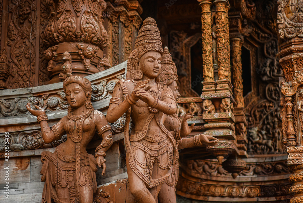 god goddess wood sculpture statue, exterior architecture, Sanctuary of Truth, Thailand