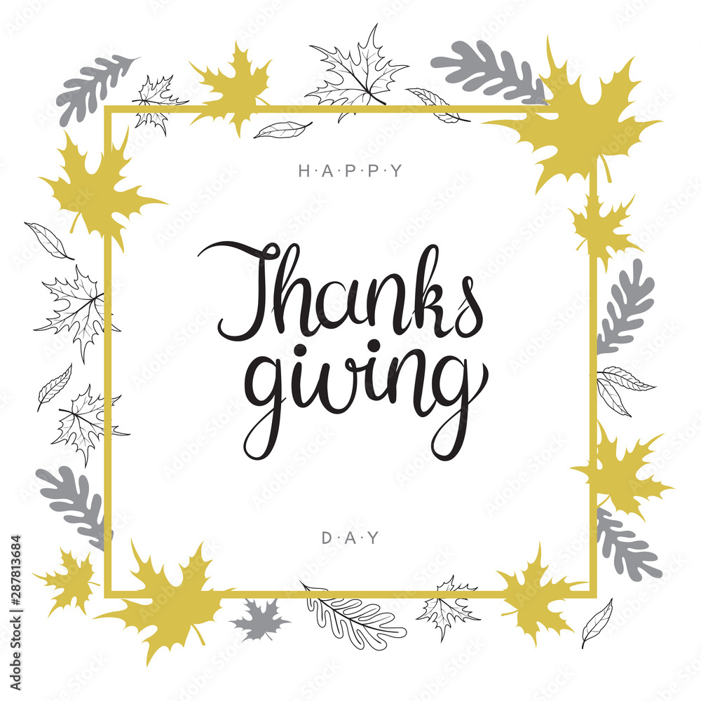 Fototapeta Szczęśliwy tekst Dziękczynienia z ręcznie rysowane jesienne liście i gałęzie na białym tle.