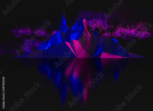 Abstract futuristic dark background with low poly image of mountain and its reflection and moon with clouds 3D illustration