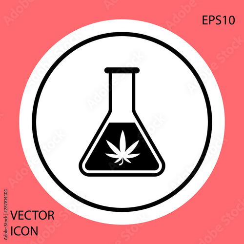 Black Chemical test tube with marijuana or cannabis leaf icon isolated on red background. Research concept. Laboratory CBD oil concept. White circle button. Vector Illustration