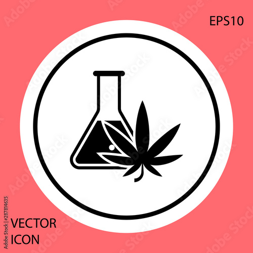 Black Chemical test tube with marijuana or cannabis leaf icon isolated on red background. Research concept. Laboratory CBD oil concept. White circle button. Vector Illustration