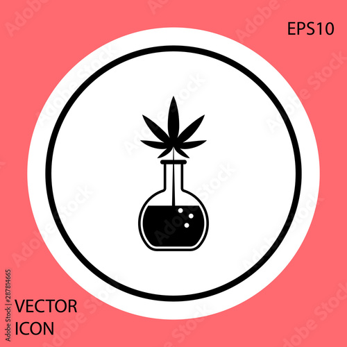 Black Chemical test tube with marijuana or cannabis leaf icon isolated on red background. Research concept. Laboratory CBD oil concept. White circle button. Vector Illustration