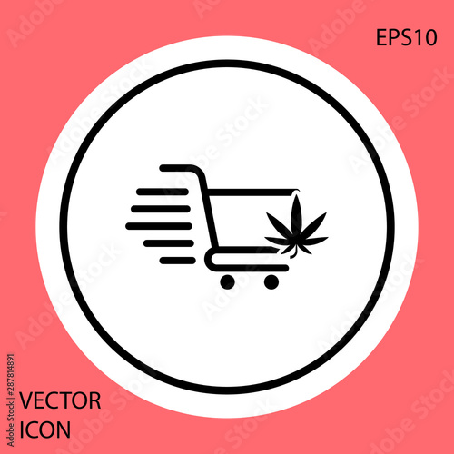 Black Shopping cart with marijuana or cannabis leaf icon isolated on red background. Online buying. Delivery service. Supermarket basket. White circle button. Vector Illustration