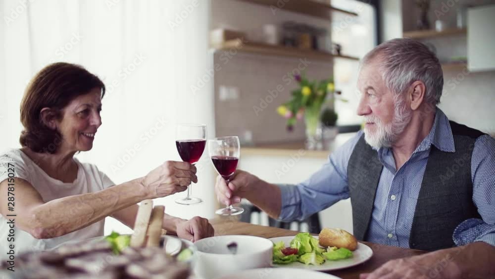 A portrait of senior couple indoors at home, clinking glasses. Slow motion. A portrait of senior couple indoors at home, clinking glasses. Slow motion.