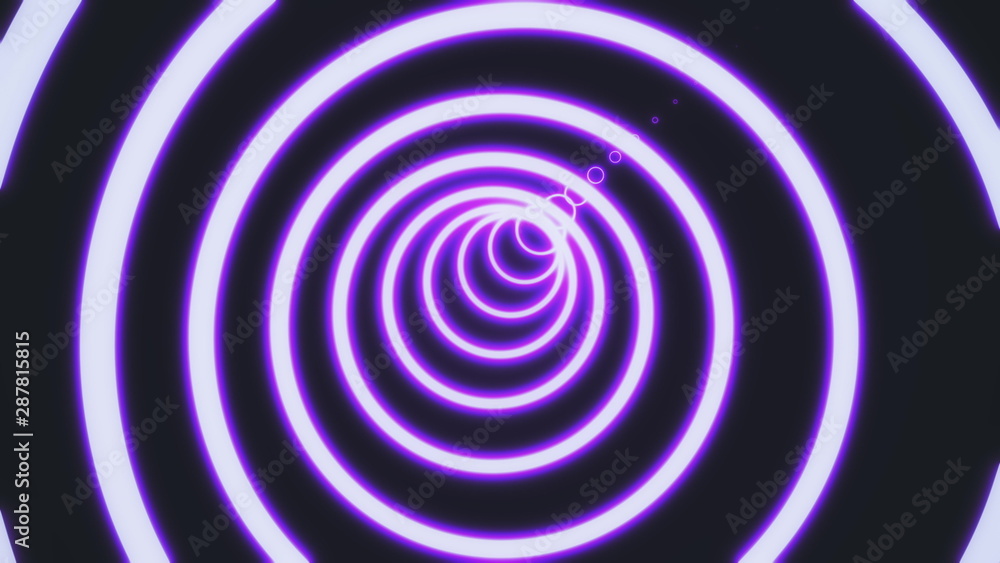 motion in neon circle tunnel consisting of bright purple color lines on black background, 3d rendering 4K video