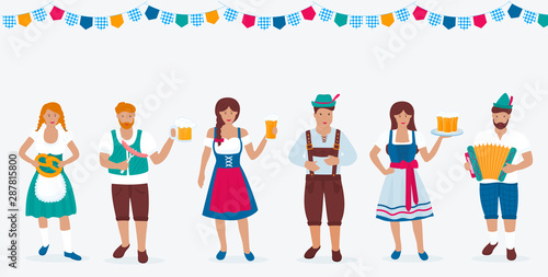 A group of people in traditional German costumes celebrate Oktoberfest. Lederhosen and Dirndl. A man in a green hat with a feather plays the accordion. Beer, sausage, pretzel.