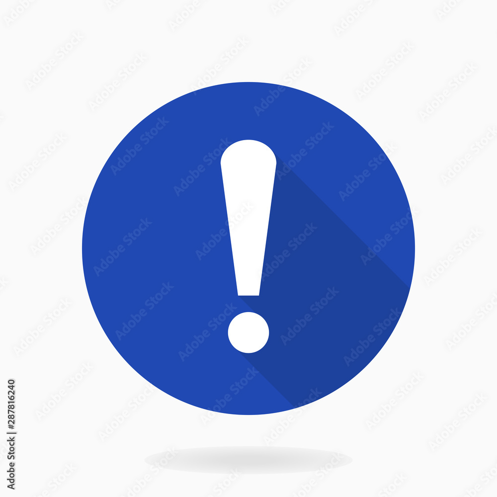 White vector exclamation flat icon in the blue circle. Flat design and long shadow White vector exclamation flat icon in the blue circle. Flat design and long shadow