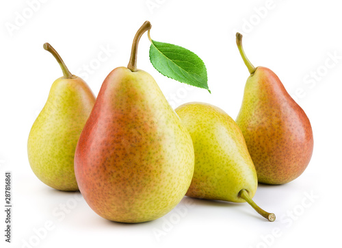 Pears isolated. Pears with leaf on white background. Full depth of field.