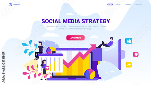 Social media strategy illustration. Social media marketing design for website, landing page, banner or print. Trendy flat vector illustration with small characters.