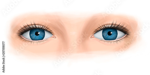Blue eyes of a woman with long eyelashes. Fashion illustration.