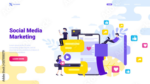 Social media marketing, digital marketing, social network promotion concept for website header, landing page, banner or print. Flat vector illustration with small characters.